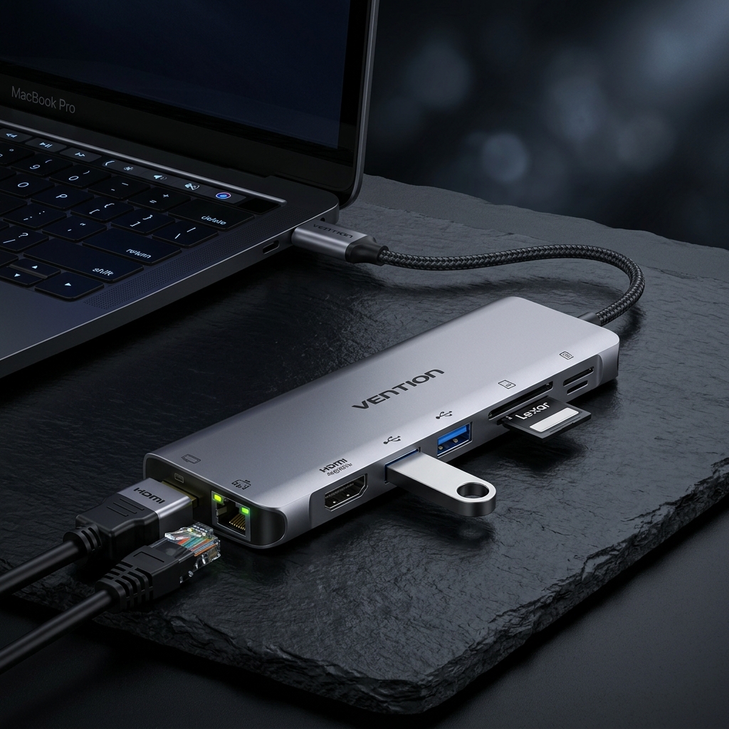 Hub USB-C 8 en 1 Multipuerto (HDMI 4K, 3x USB 3.0, RJ45 Gigabit, SD, PD 100W)